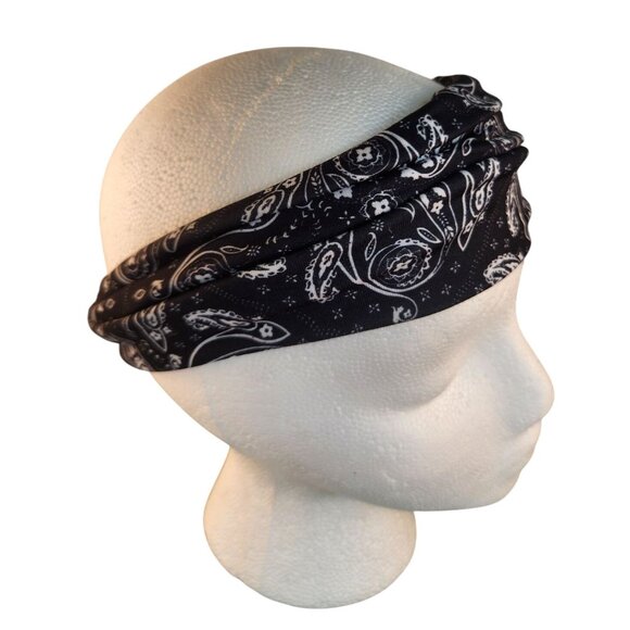 Black Paisley Knit Headwrap Hairband Soft Stretchy Headband Fabric Unisex Sweatb - Picture 2 of 8